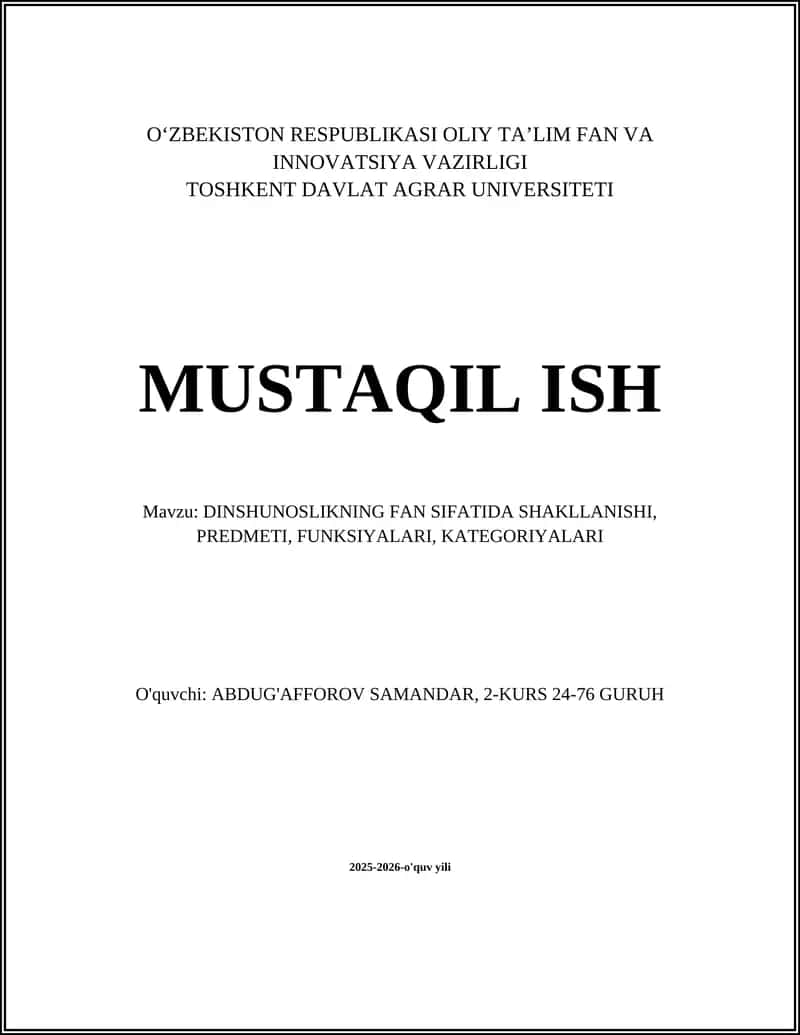 DINSHUNOSLIKNING FAN SIFATIDA SHAKLLANISHI, PREDMETI, FUNKSIYALARI, KATEGORIYALARI 1