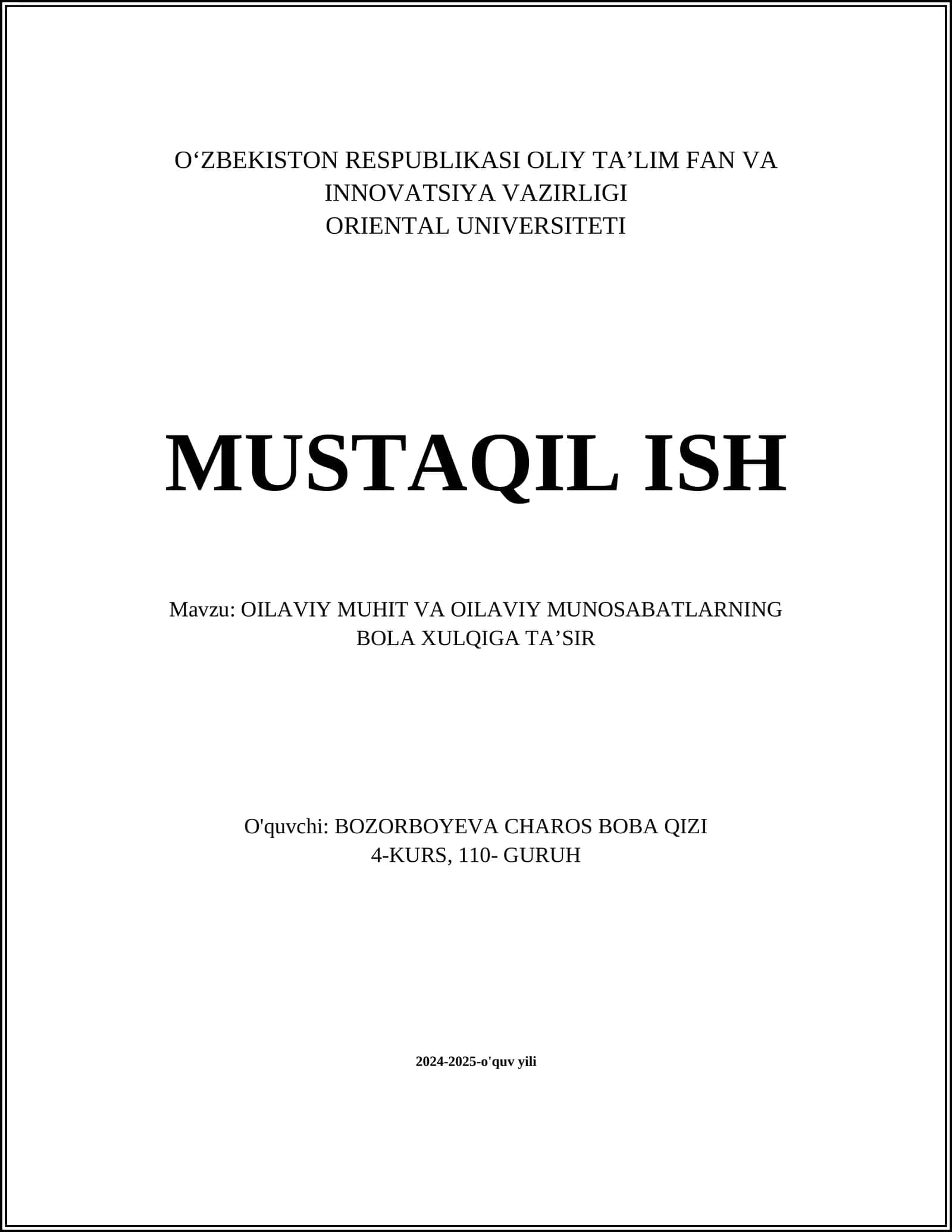 OILAVIY MUHIT VA OILAVIY MUNOSABATLARNING BOLA XULQIGA TA’SIR 1