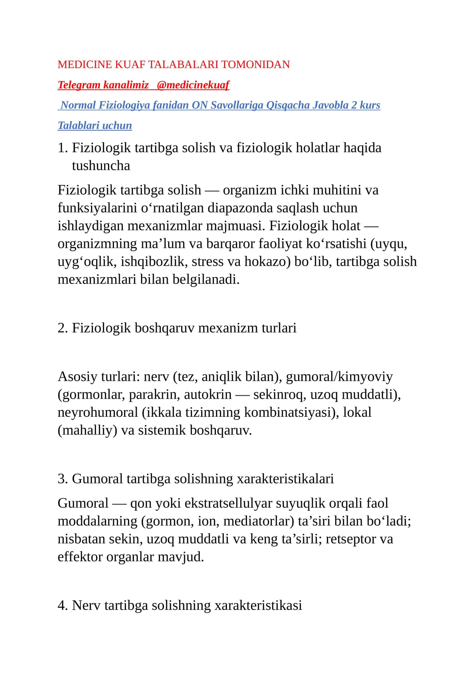 Normal Fiziologiya fanidan ON Savollariga Qisqacha Javobla 2 kurs 1