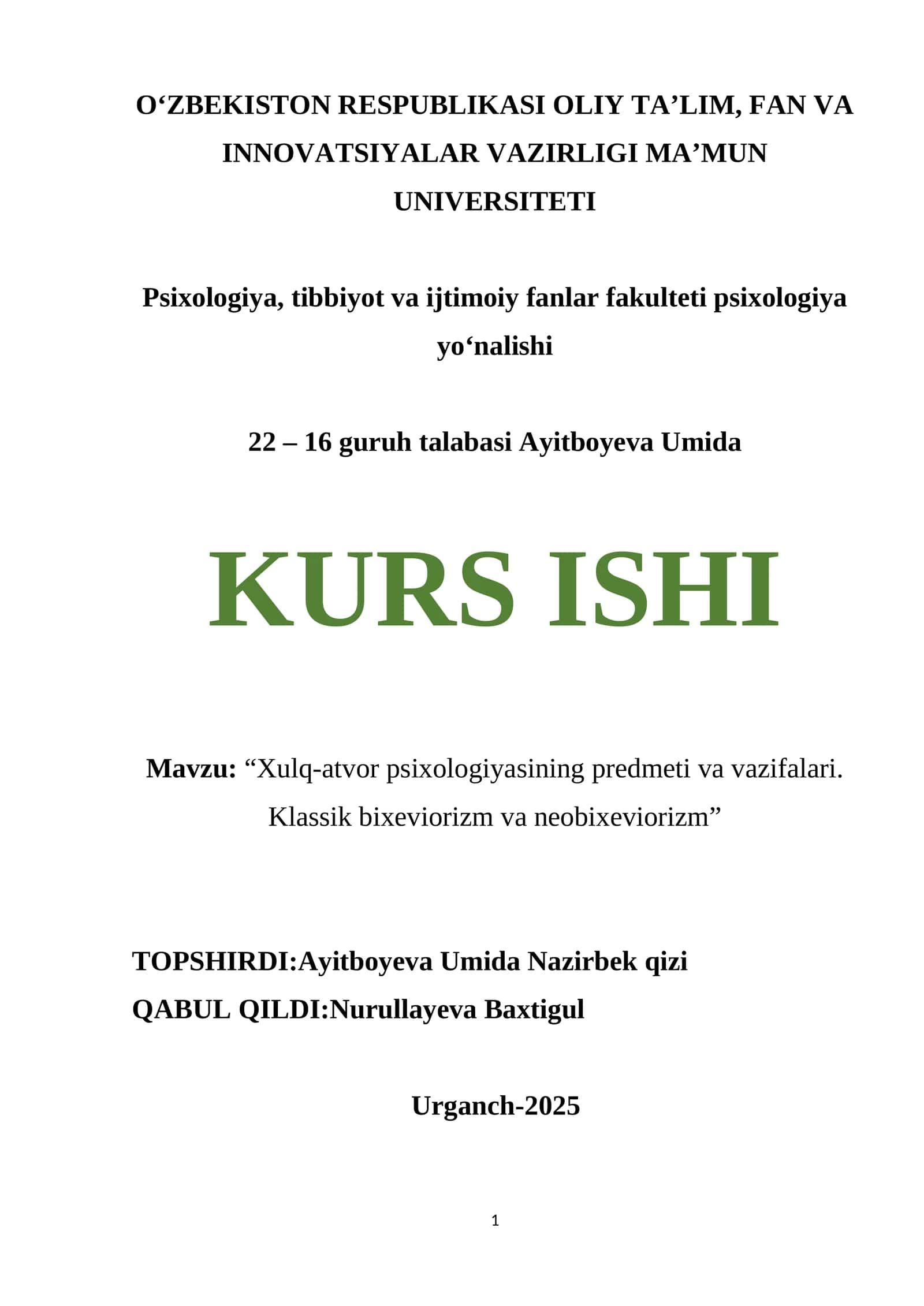 Xulq-atvor psixologiyasining predmeti va vazifalari 1