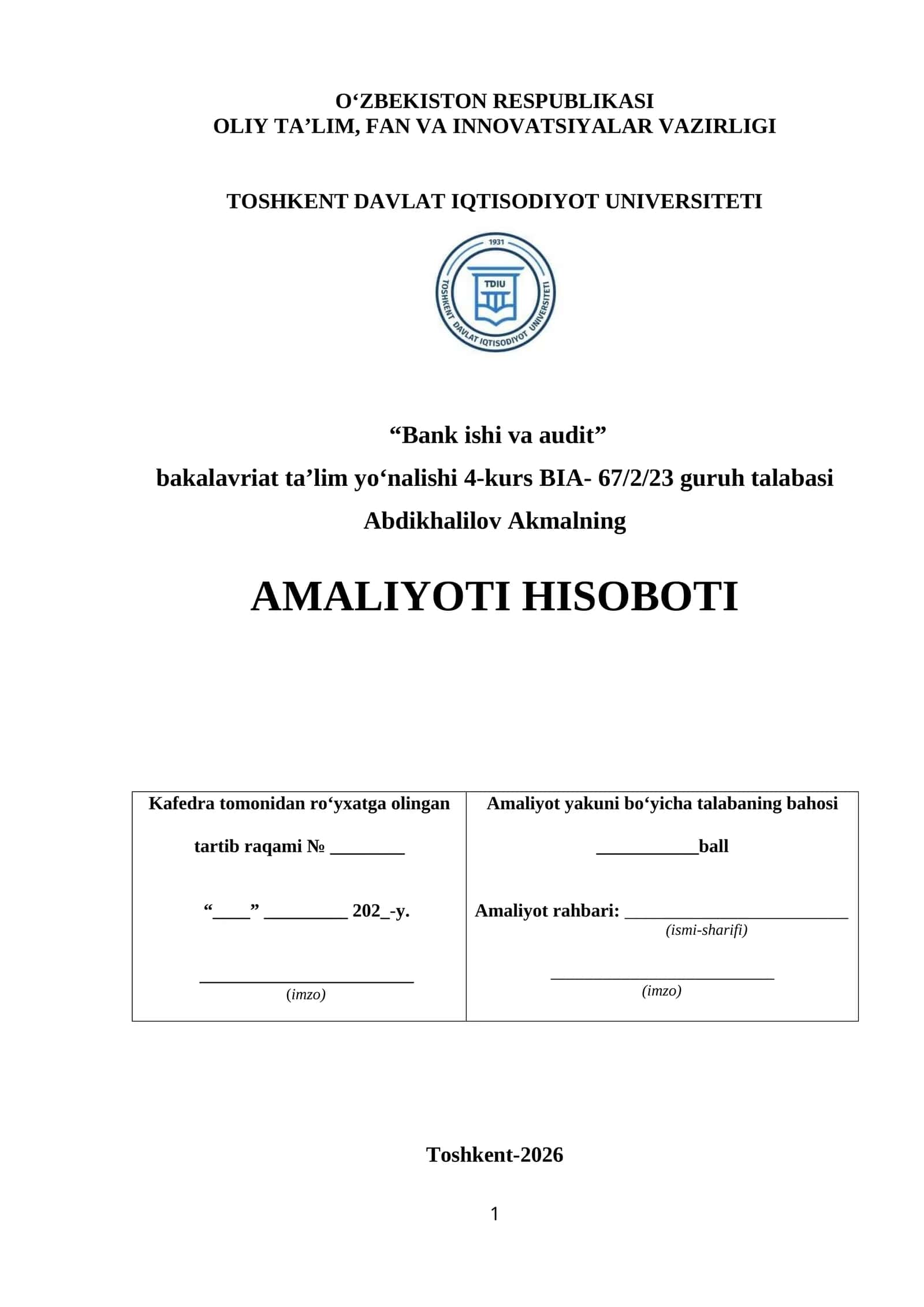Mikrokreditbank” ATB Qashqadaryo viloyati Kasbi tuman bank xizmatlari markazi (BXM) 1