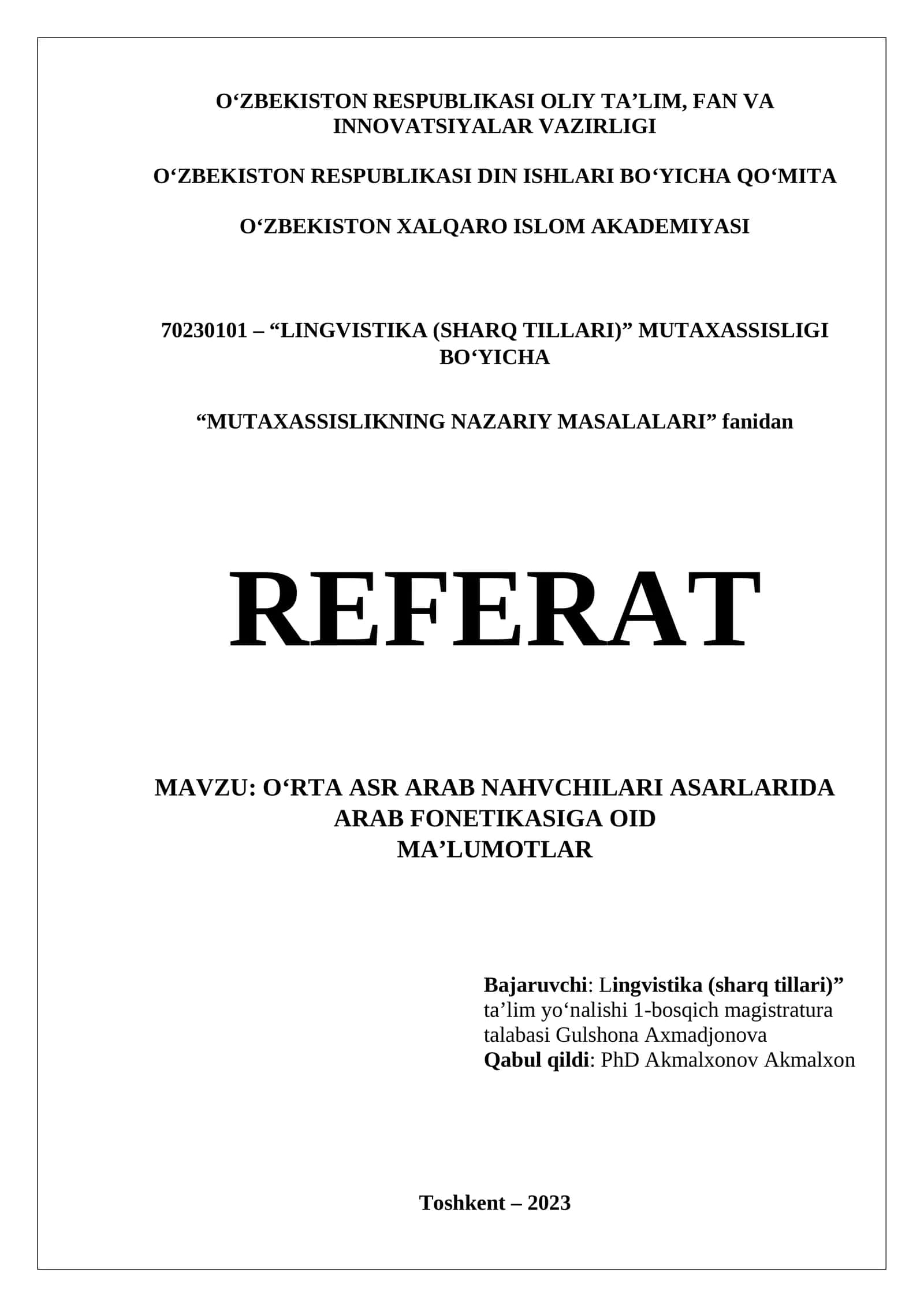 REFERAT O'rta asr arab nahvchilari asarlarida arab fonetikasiga oid ma'lumotlar 1