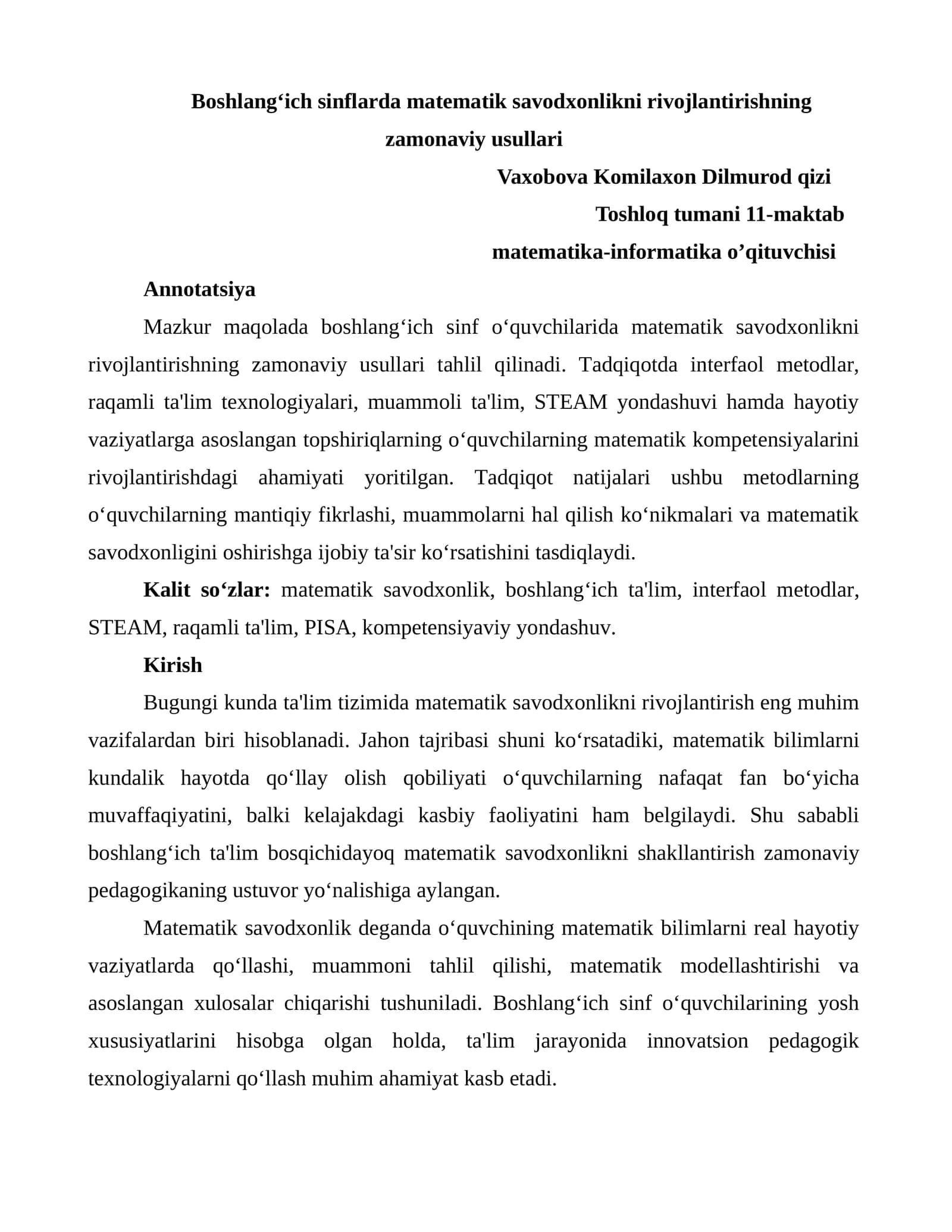 Boshlang‘ich sinflarda matematik savodxonlikni rivojlantirishning zamonaviy usullari 1