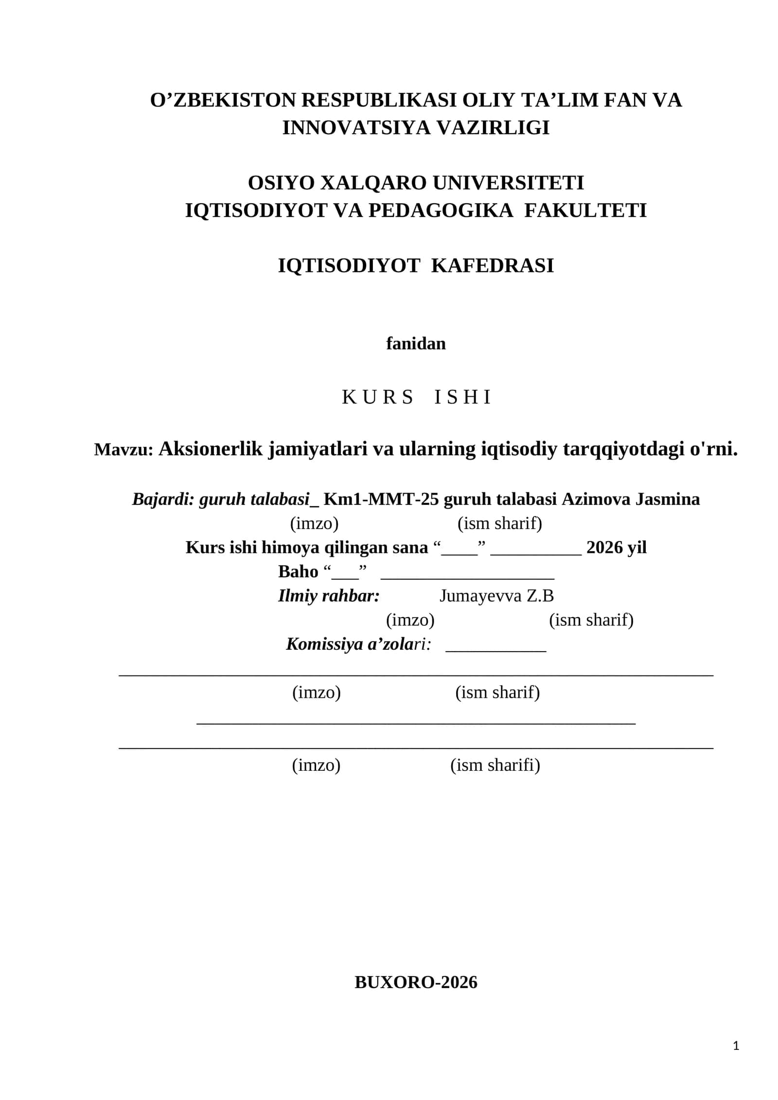 Aksionerlik jamiyatlari va ularning iqtisodiy tarqqiyotdagi o'rni 1