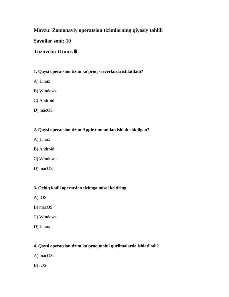 Zamonaviy operatsion tizimlarning qiyosiy tahlili 1