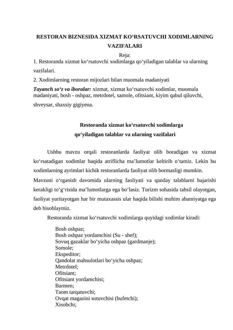 RESTORAN BIZNESIDA XIZMAT KO‘RSATUVCHI XODIMLARNING VAZIFALARI 1
