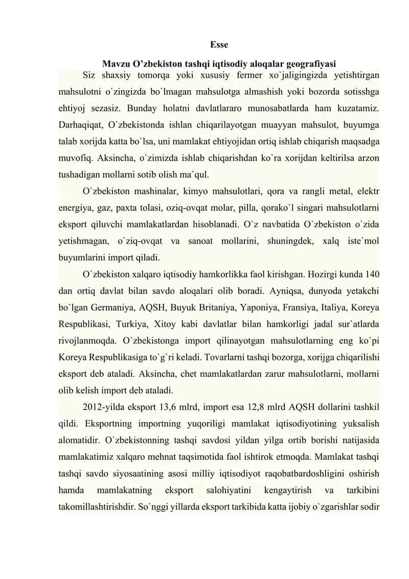 Oʻzbekistonning tashqi iqtisdiy aloqalari mavzusida essay 1