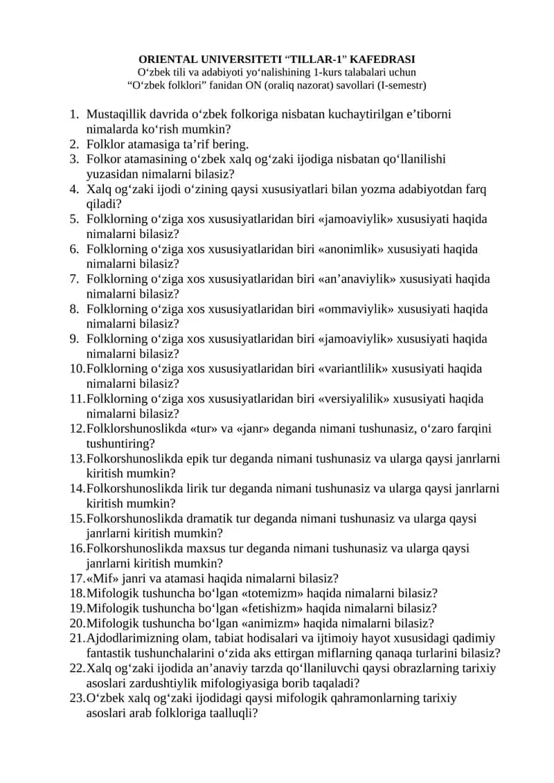 O‘zbek folklori ON (oraliq nazorat) savollari (I-semestr) 1