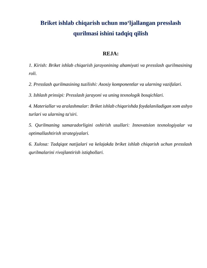 Briket ishlab chiqarish uchun moʻljallangan presslash qurilmasi ishini tadqiq qilish 1