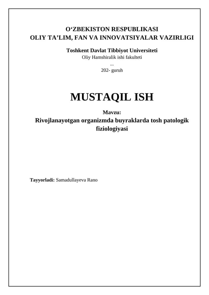 Rivojlanayotgan organizmda buyraklarda tosh patologik fiziologiyasi 1