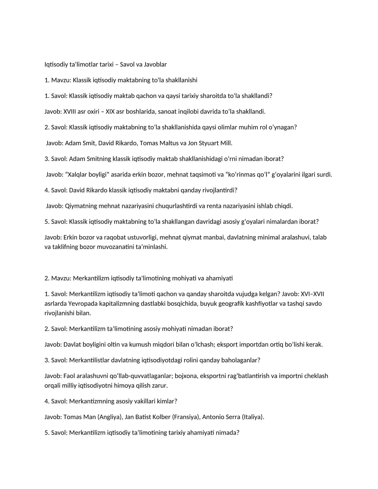 Iqtisodiy ta'limotlar tarixi – Savol va Javoblar 1