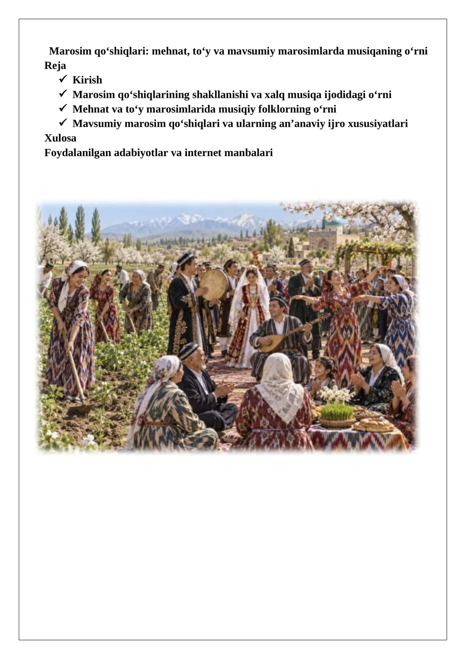 Marosim qo‘shiqlari: mehnat, to‘y va mavsumiy marosimlarda musiqaning o‘rni 1