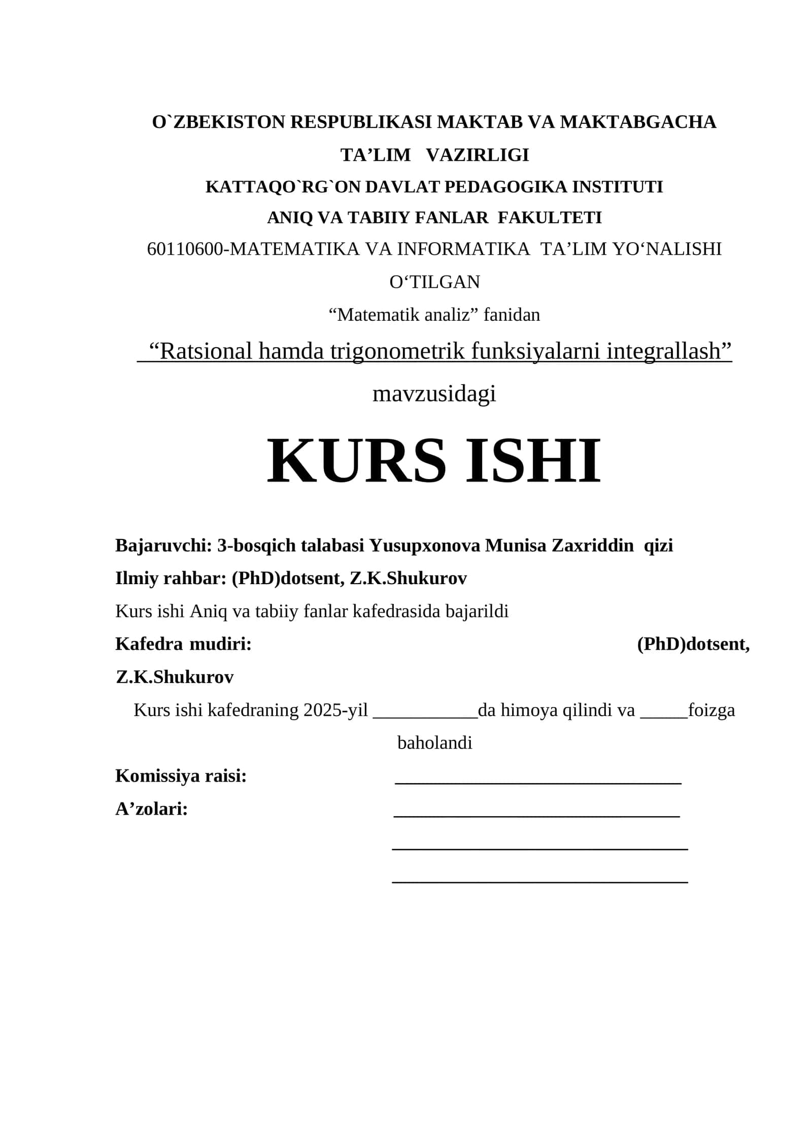 Matematik analiz - Ratsional hamda trigonometrik funksiyalarni integrallash 1