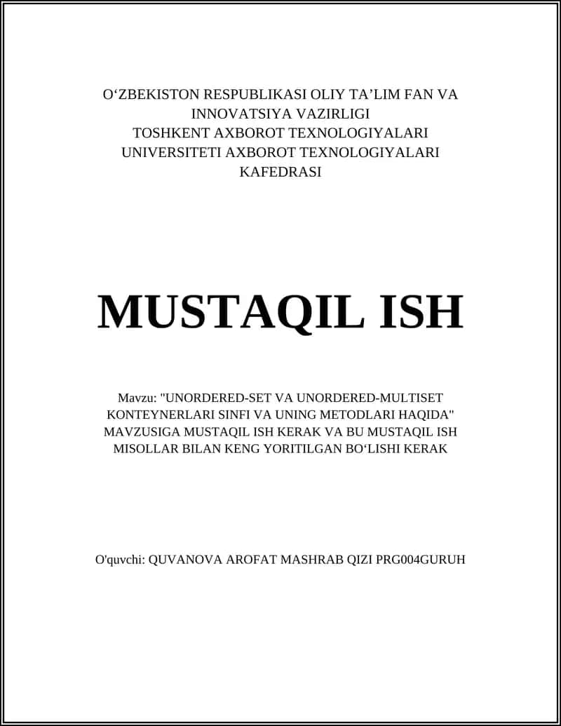 "UNORDERED-SET VA UNORDERED-MULTISET KONTEYNERLARI SINFI VA UNING METODLARI HAQIDA" 1