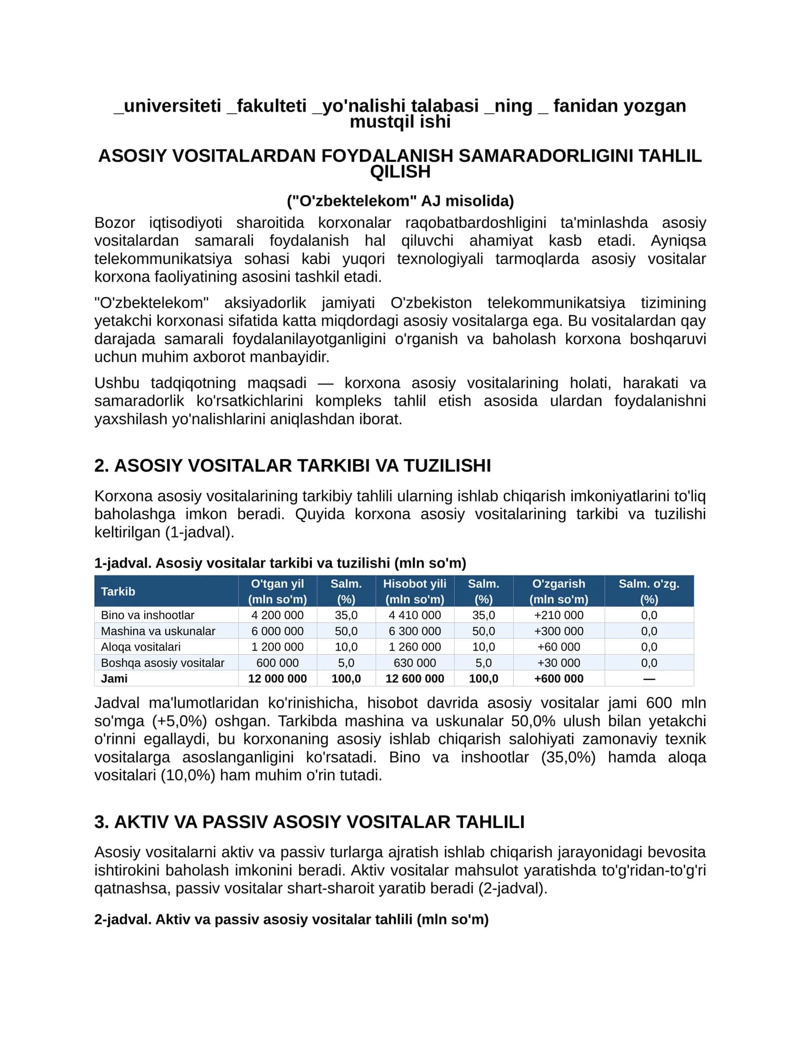 Sanoat korxonalarida asosiy vositalardan foydalanish samaradorligini o‘rganish (O'zbektelekom" AJ misolida) 1