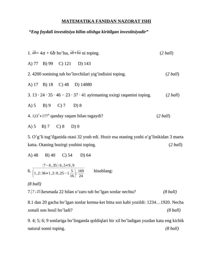 MATEMATIKA FANIDAN NAZORAT ISHI 1