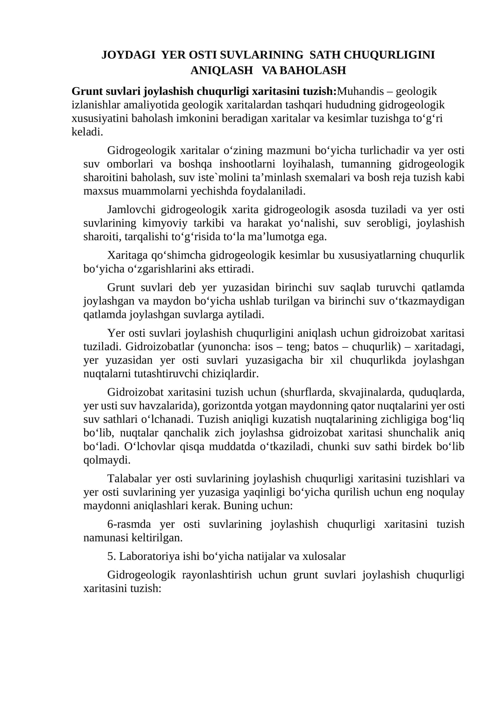 Grunt suvlari joylashish chuqurligi xaritasini tuzish 1