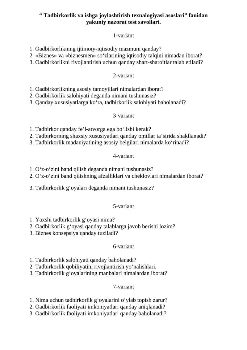 “ Tadbirkorlik va ishga joylashtirish texnalogiyasi asoslari” fanidan yakuniy nazorat test savollari 1