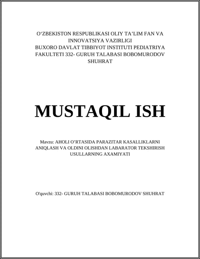 AHOLI O’RTASIDA PARAZITAR KASALLIKLARNI ANIQLASH VA OLDINI OLISHDAN LABARATOR TEKSHIRISH USULLARNING AXAMIYATI 1