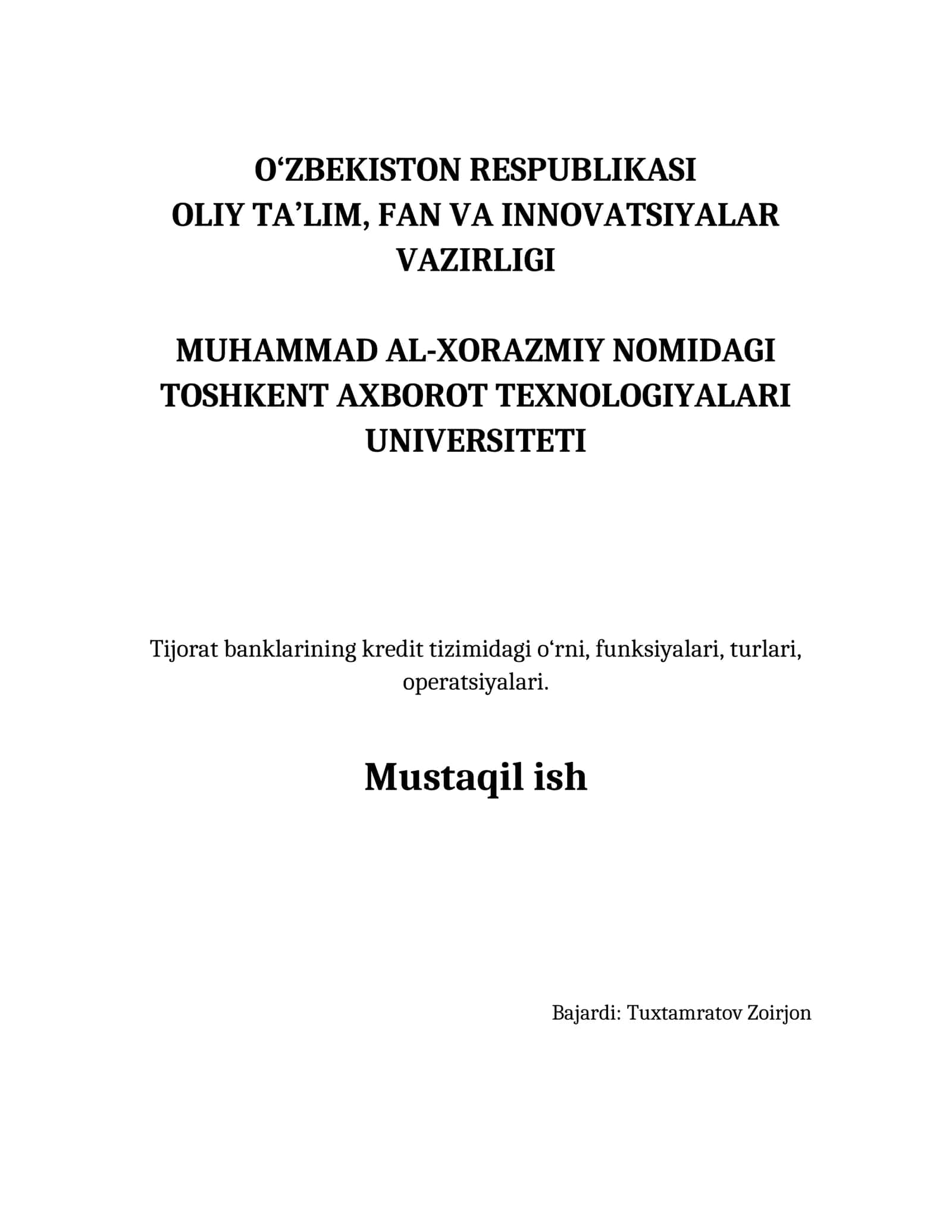 Tijorat banklarining kredit tizimidagi o‘rni, funksiyalari, turlari, operatsiyalari 1