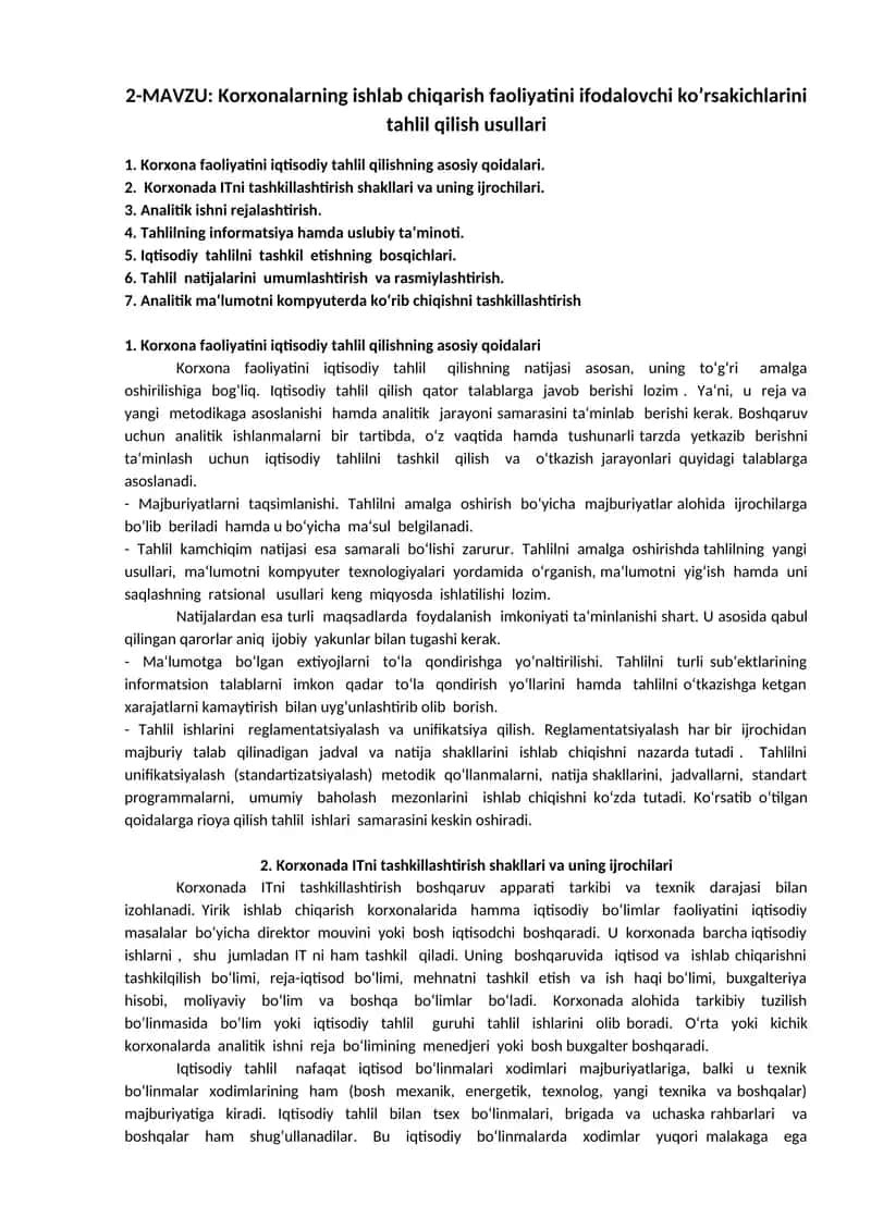 Korxonalarning ishlab chiqarish faoliyatini ifodalovchi ko’rsakichlarini tahlil qilish usullari 1