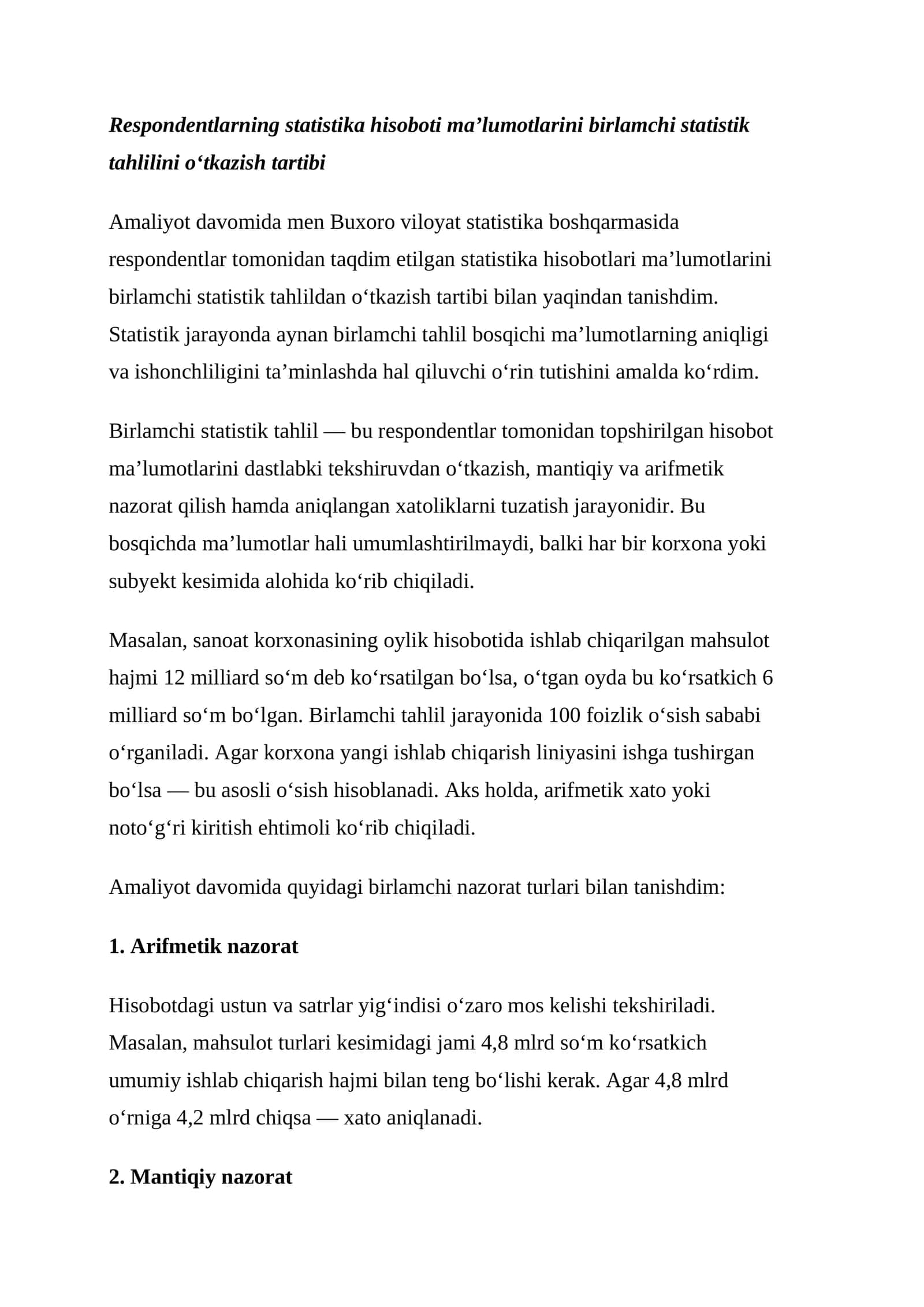 Respondentlarning statistika hisoboti ma’lumotlarini birlamchi statistik tahlilini o‘tkazish tartibi 1
