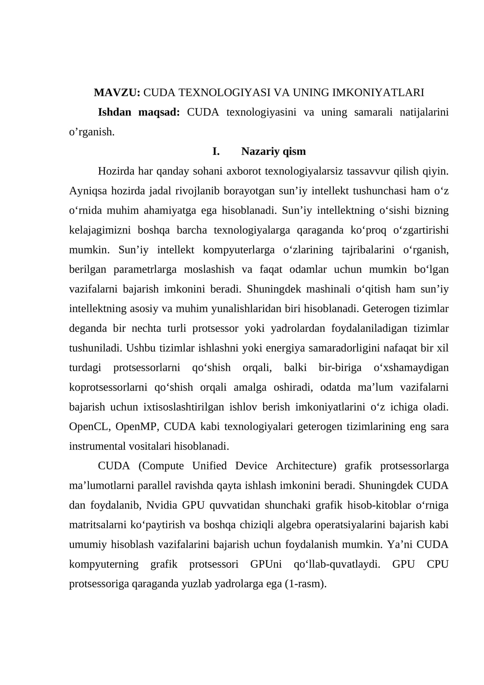 CUDA TEXNOLOGIYASI VA UNING IMKONIYATLARI 1
