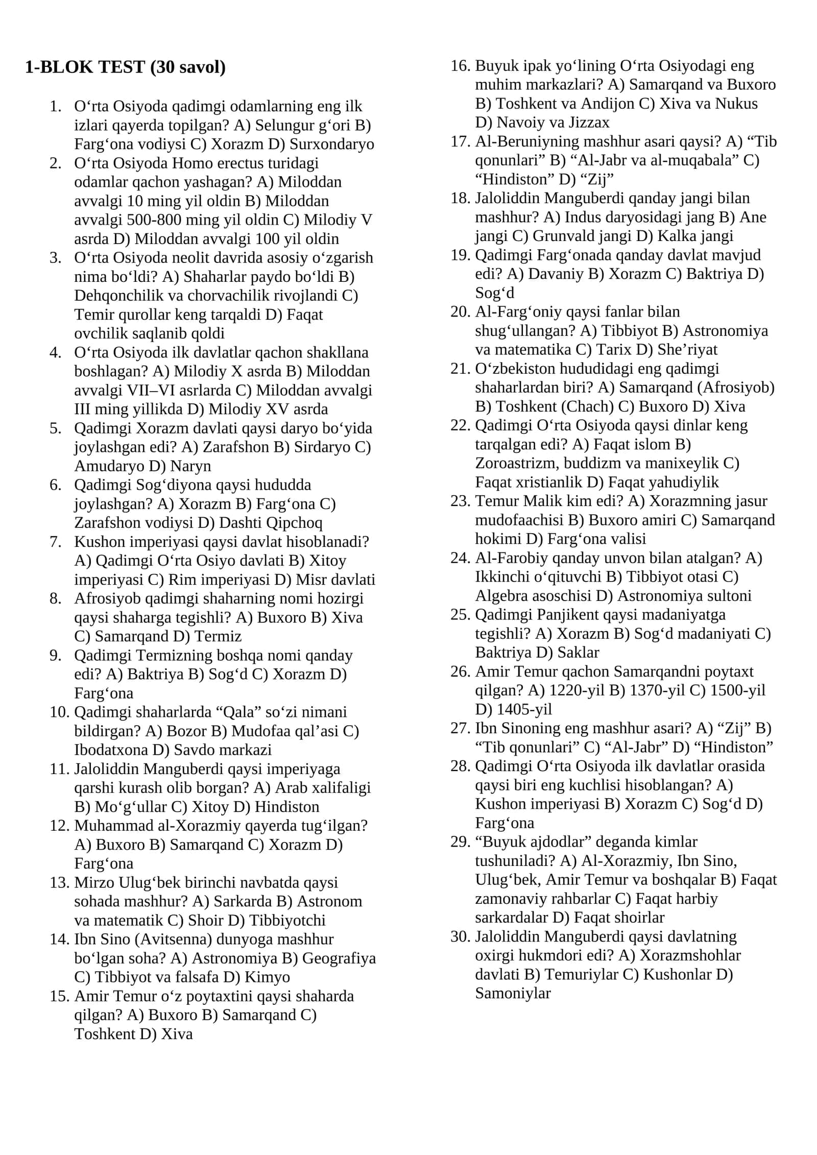 5-sinf tarix 1-BLOK TEST (30 savol) 1
