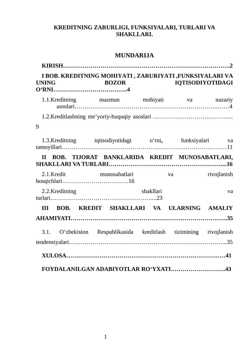 KREDITNING ZARURLIGI, FUNKSIYALARI, TURLARI VA SHAKLLARI 1