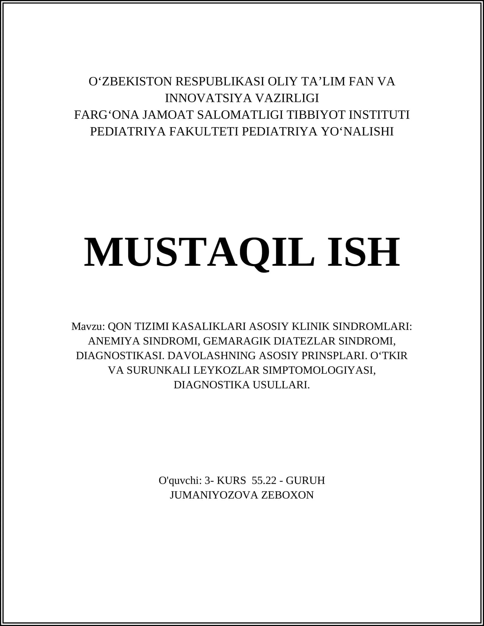 QON TIZIMI KASALIKLARI ASOSIY KLINIK SINDROMLARI 1