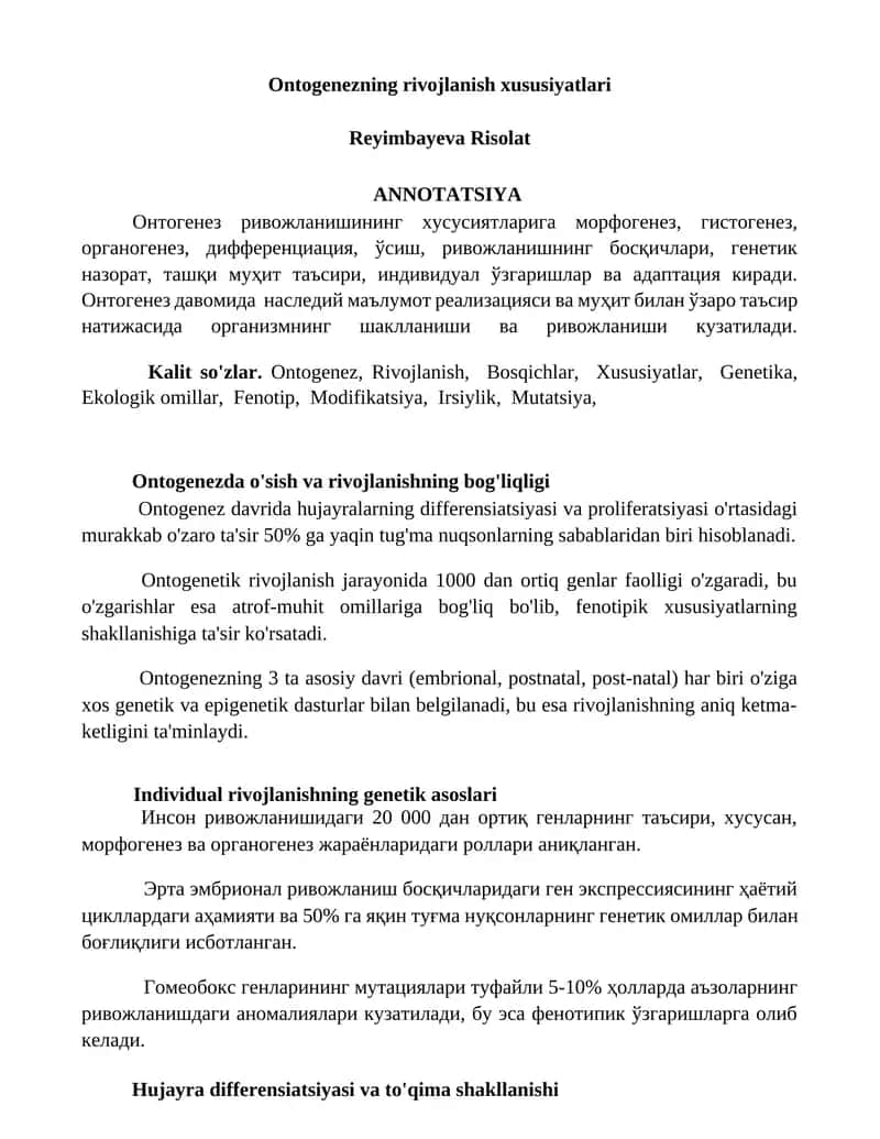Ontogenezning rivojlanish xususiyatlari 1