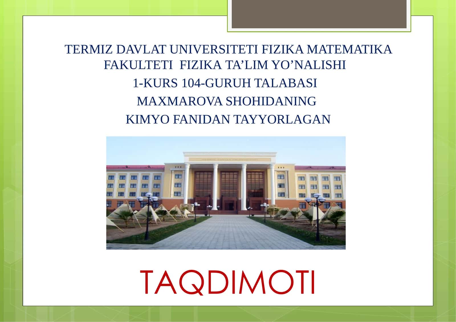 TAQDIMOT: ELEKTROLIK DISSOTSIONALISH. DISSOTSIYALANISH KONSTANTASI 1