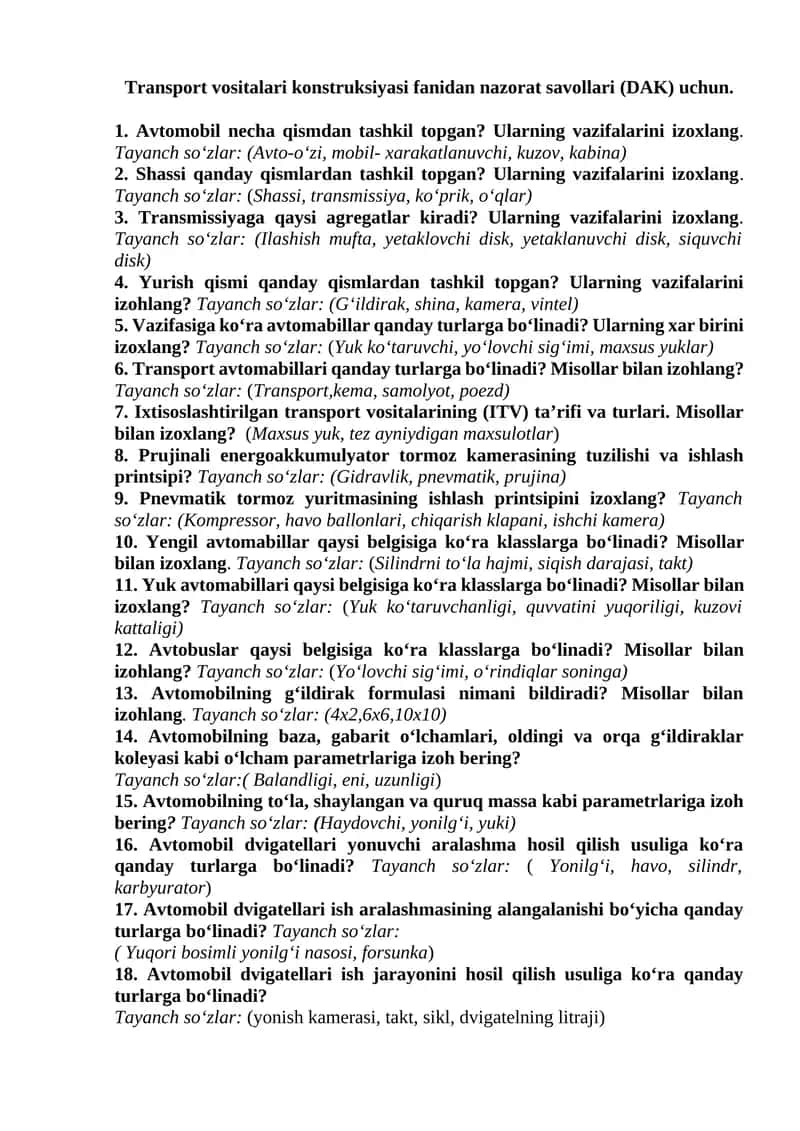 Transport vositalari konstruksiyasi fanidan nazorat savollari (DAK) uchun 1