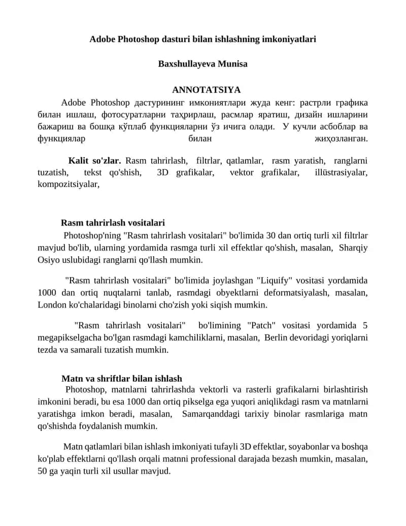 Adobe Photoshop dasturi bilan ishlashning imkoniyatlari 1