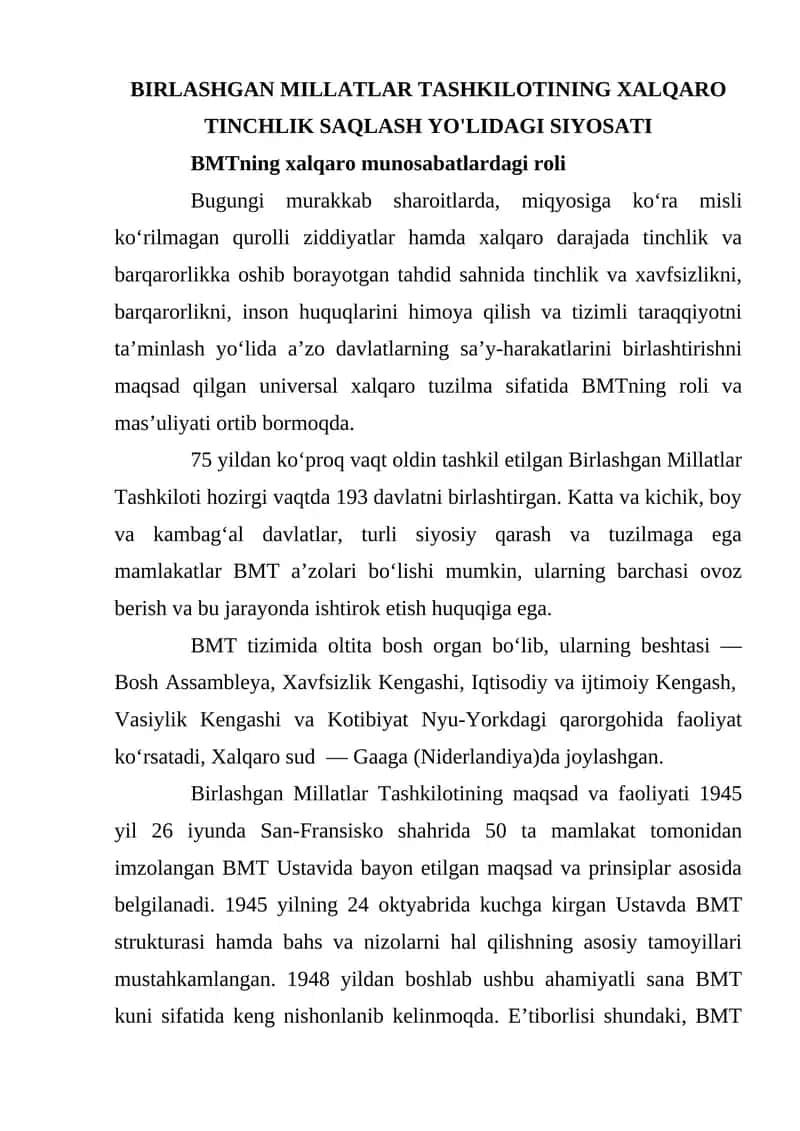 BIRLASHGAN MILLATLAR TASHKILOTINING XALQARO TINCHLIK SAQLASH YO'LIDAGI SIYOSATI 1