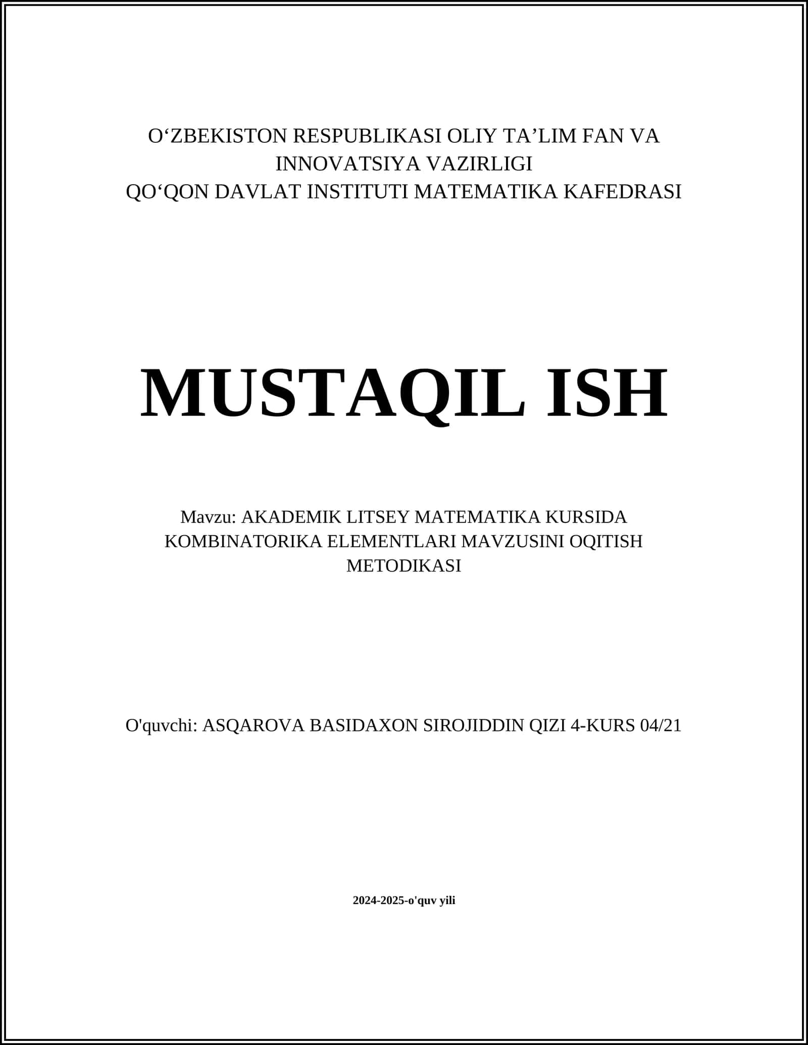 AKADEMIK LITSEY MATEMATIKA KURSIDA KOMBINATORIKA ELEMENTLARI MAVZUSINI OQITISH METODIKASI 1