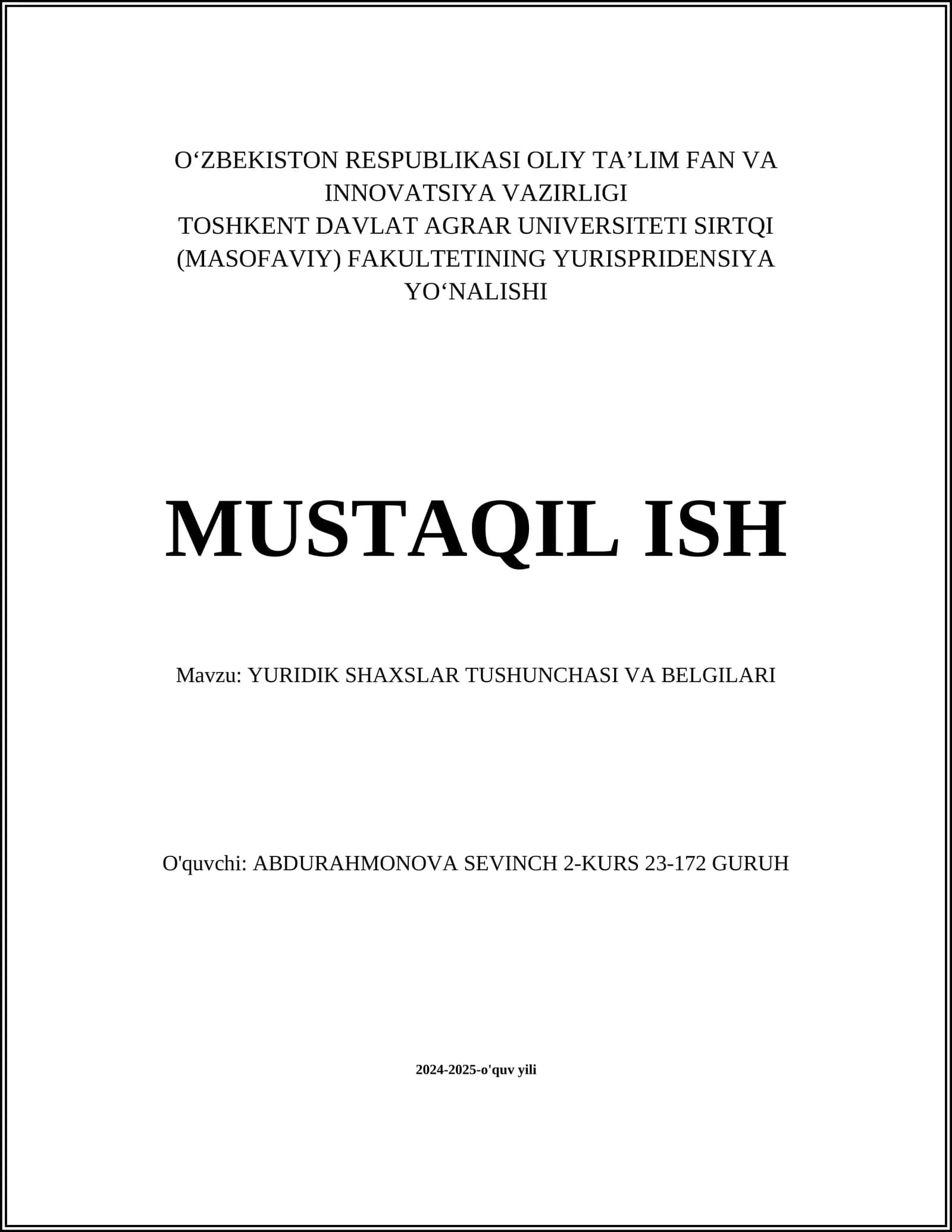 YURIDIK SHAXSLAR TUSHUNCHASI VA BELGILARI 1