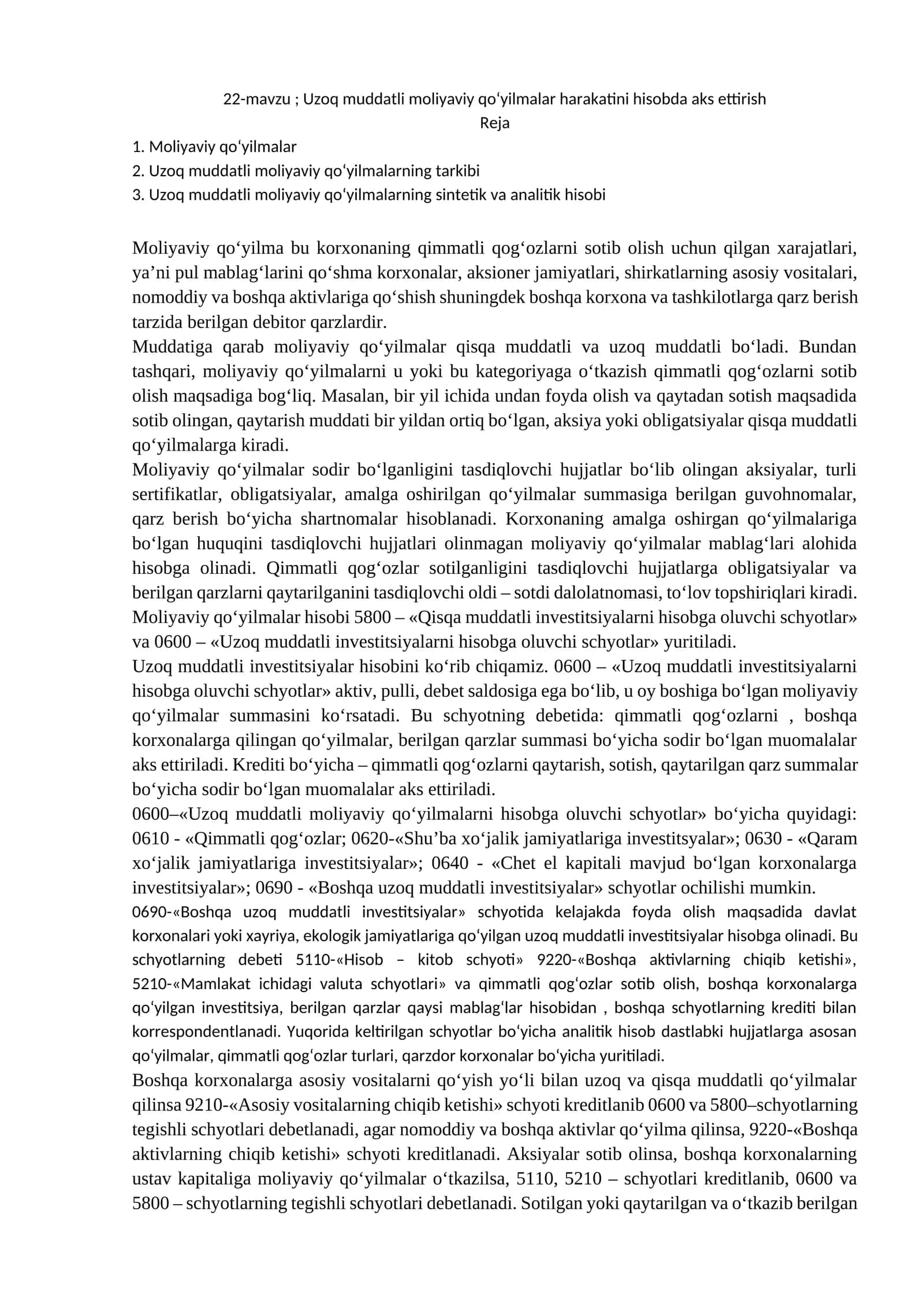 22-mavzu; Uzoq muddatli moliyaviy qo‘yilmalar harakatini hisobda aks ettirish 1