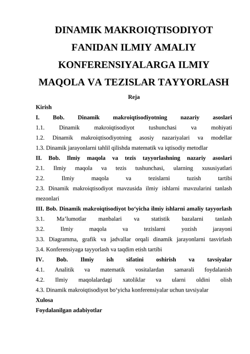 Dinamik makroiqtisodiyot fanidan ilmiy amaliy konferensiyalarga ilmiy maqola va tezislar tayyorlash 1