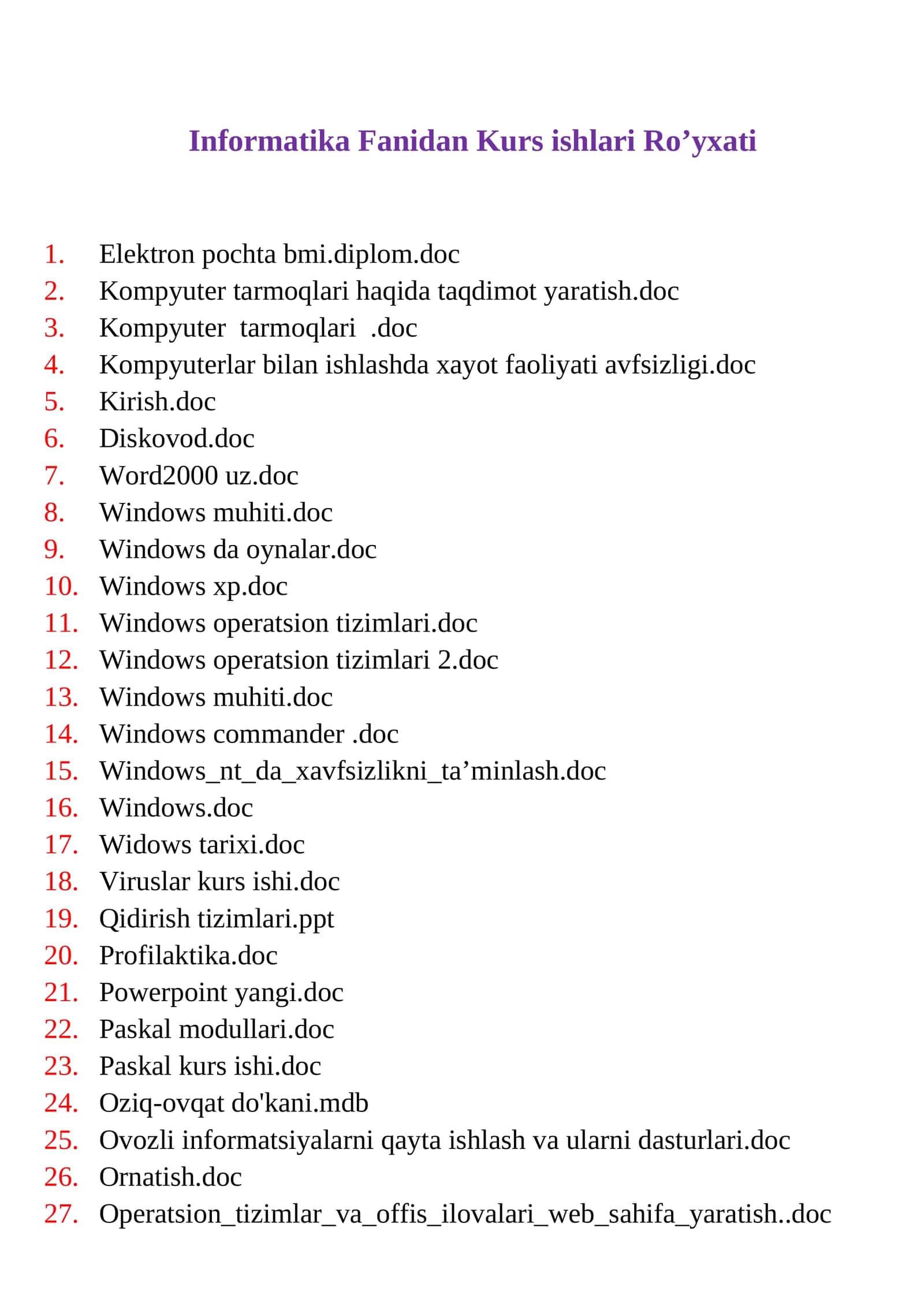 Informatika Fanidan Kurs ishlari Ro’yxati 1