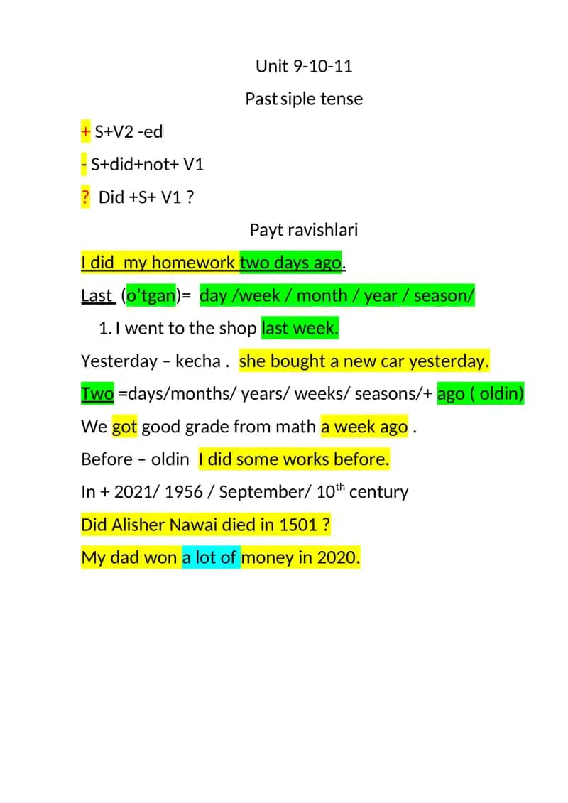 Unit 9-10-11 Past Simple Tense 1