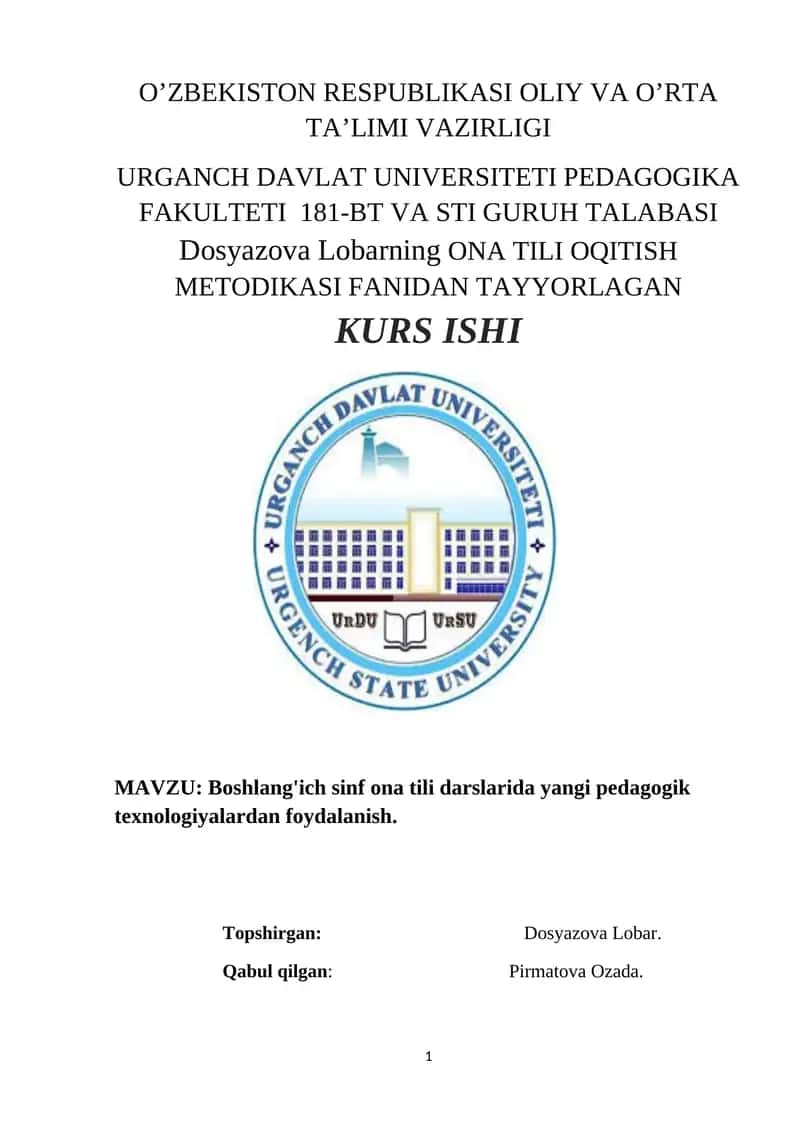 Dosyazova Lobarning ONA TILI OQITISH METODIKASI FANIDAN TAYYORLAGAN 1
