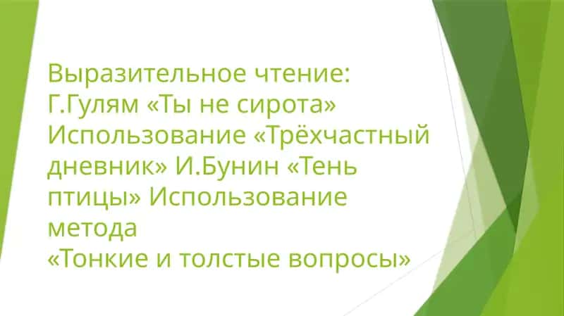 Выразительное чтение Г.Гулям «Ты не сирота» Использование «Трёхчастный дневник» И.Бунин «Тень птицы» Использование метода «Тонкие и толстые вопросы» 1