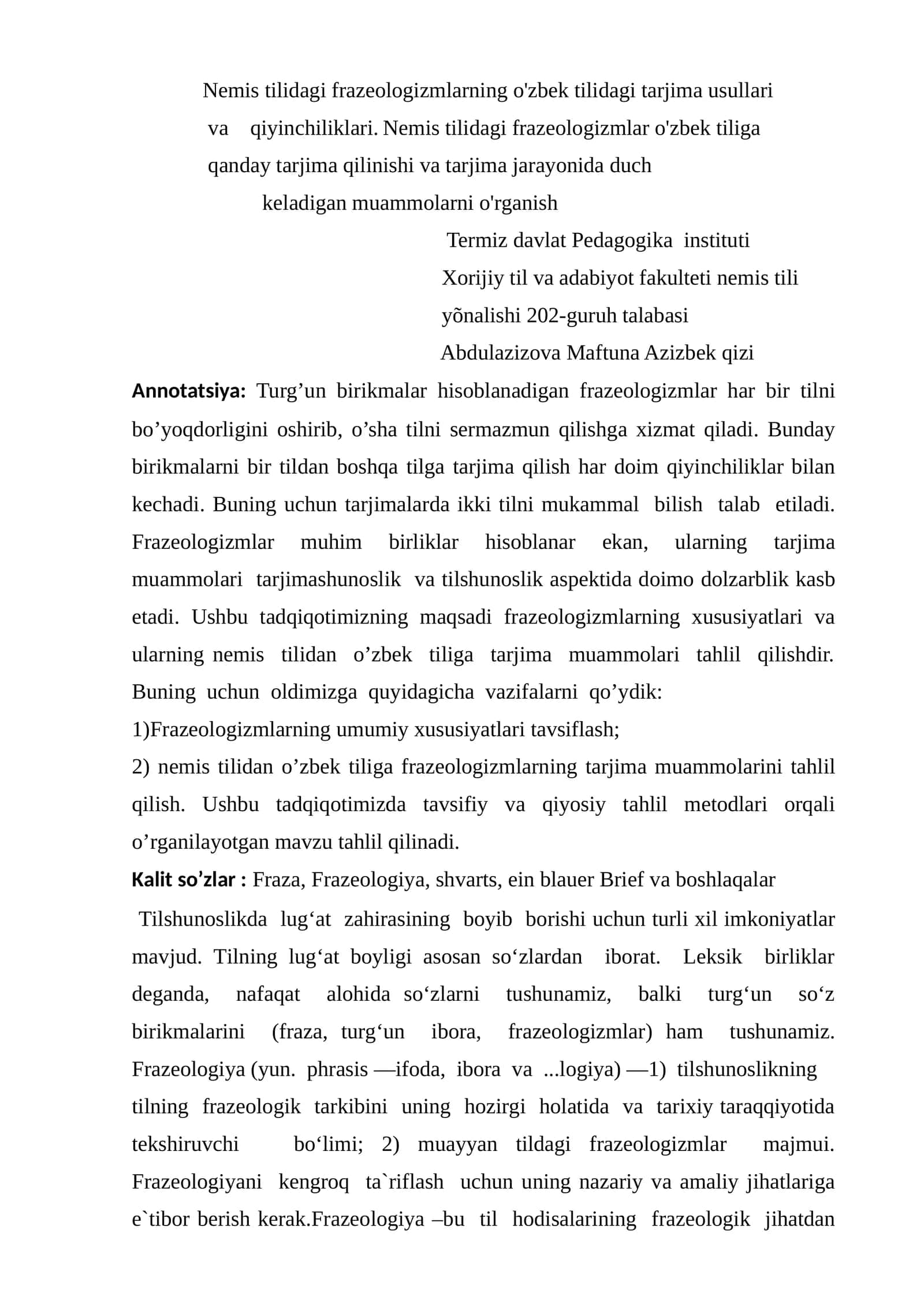Nemis tilidagi frazeologizmlarning o'zbek tilidagi tarjima usullari va qiyinchiliklari 1