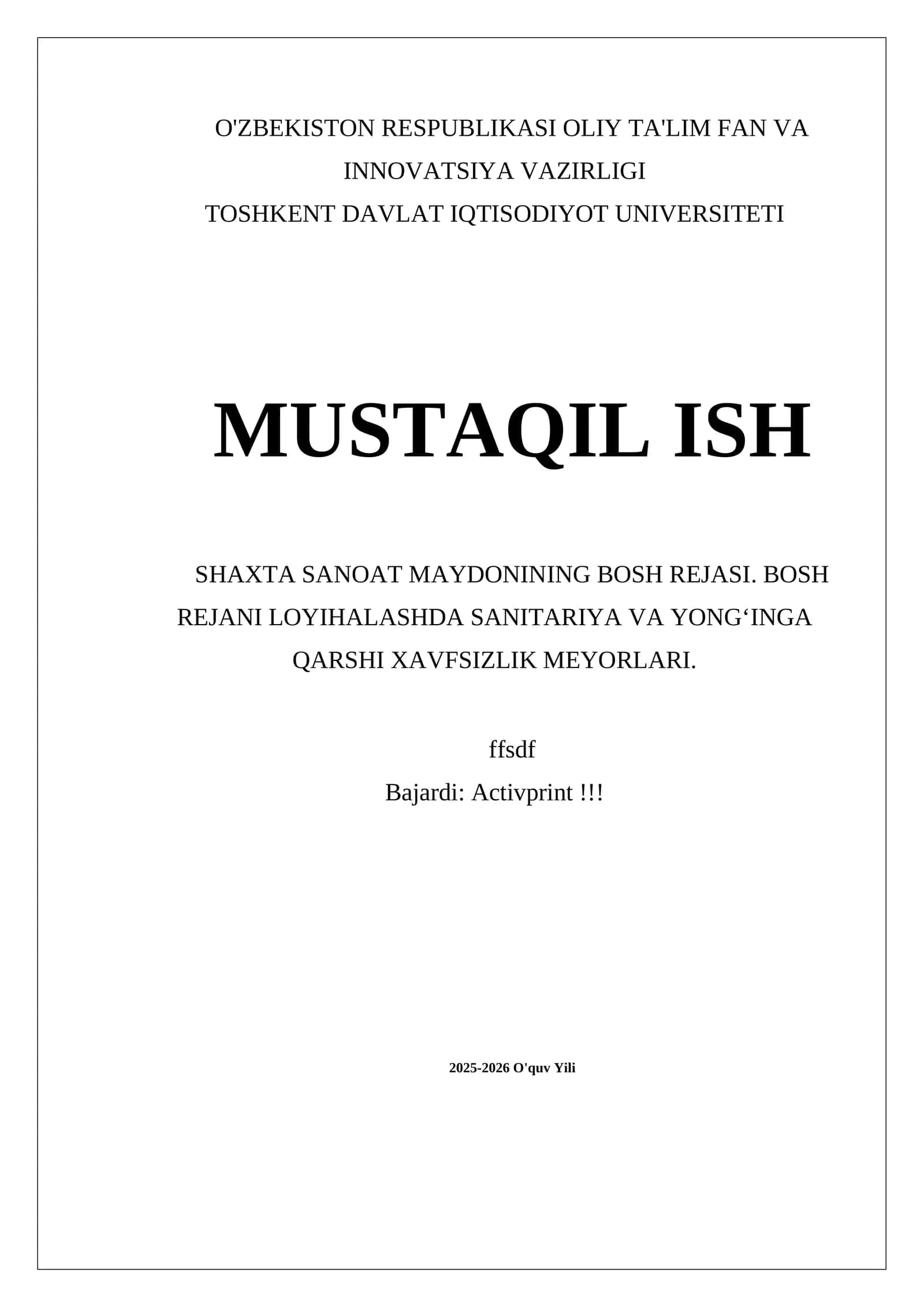 SHAHTA SANOAT MAYDONINING BOSH REJASI. BOSH REJANI LOYIHALASHDA SANITARIYA VA YONG‘INGA QARSHI XAVFSIZLIK MEYORLARI 1