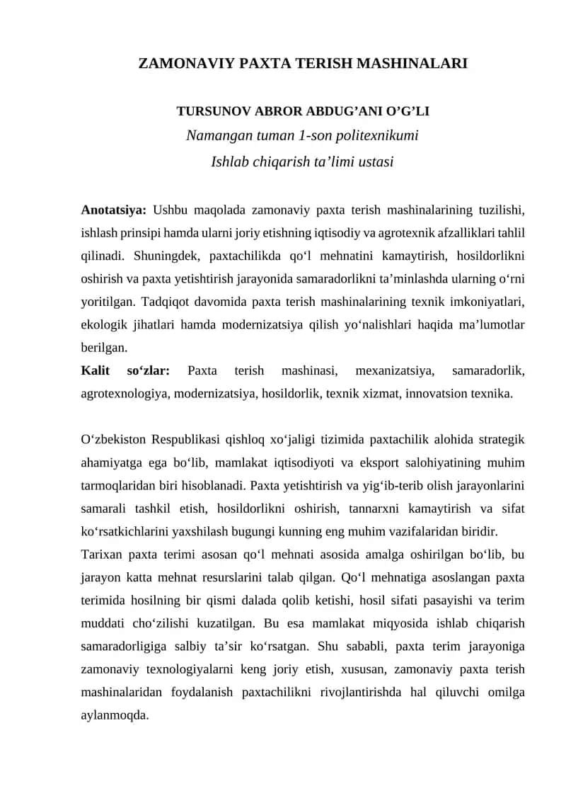 ZAMONAVIY PAXTA TERISH MASHINALARI 1