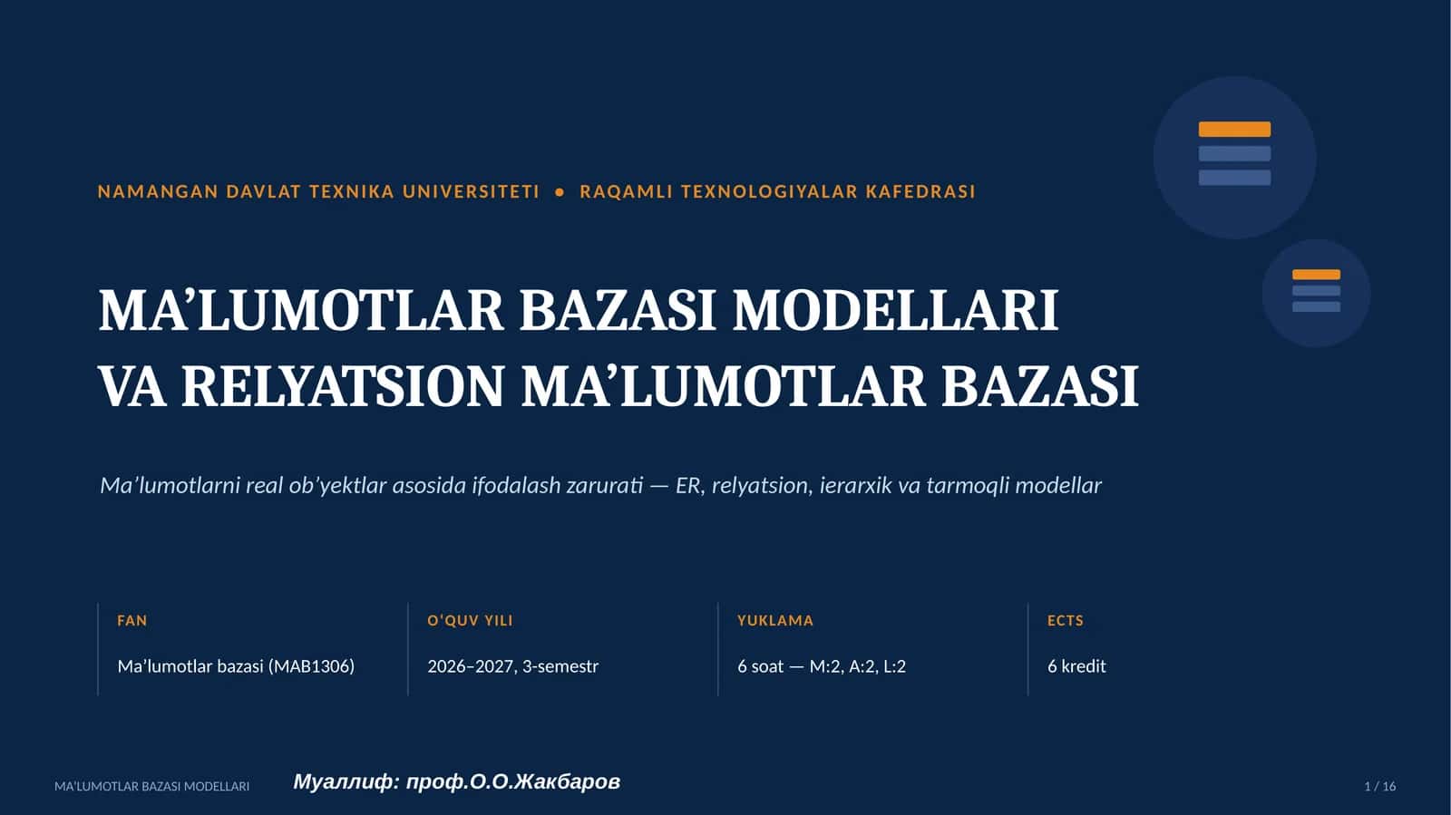 Ma’lumotlar Bazasi Modellari va Relyatsion Ma’lumotlar Bazasi 1