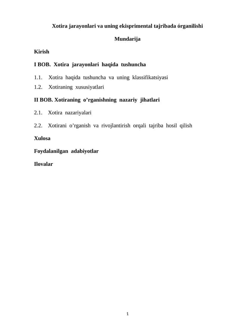 Xotira jarayonlari va uning ekisprimental tajribada órganilishi 1
