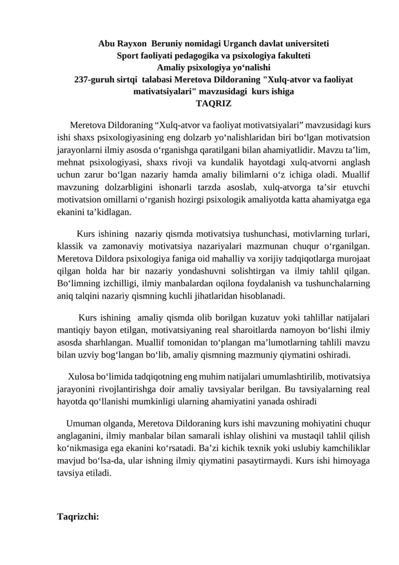 "Xulq-atvor va faoliyat motivatsiyalari" kurs ishi 1
