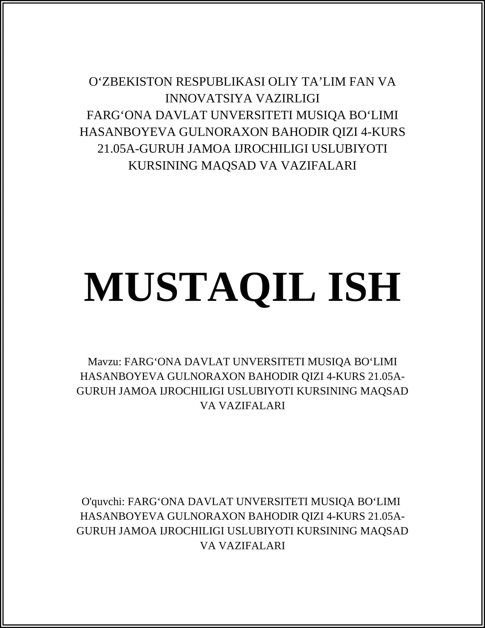 JAMOA IJROCHILIGI USLUBIYOTI KURSINING MAQSAD VA VAZIFALARI 1